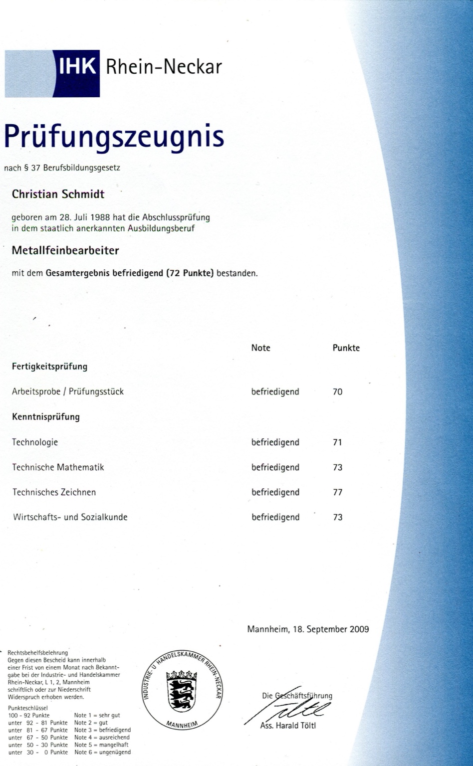 IHK-Prüfungszeugnis Metallfeinbearbeiter